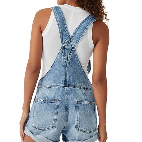 Ziggy Square Neck Sleeveless Frayed Cuffed Hem Shortall Overalls Clolor FYH - Picture 6 of 8